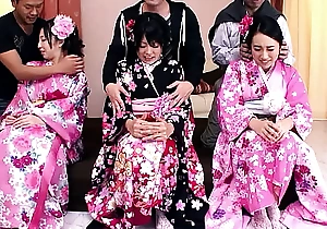 Rare Japanese Orgy encircling three cute JAV Teens encircling Perishable Pussy