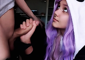Cute girl with purple hair is delighted with my penis