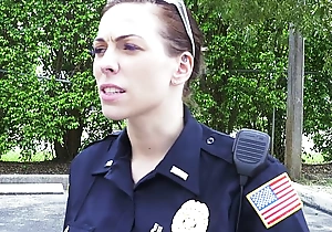 Womanlike cops a halt frowning suspect and suck his weasel words